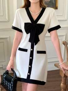 SHEIN Adolescente fete elegante, colegiu, înapoi la școală legare contrast 3D cu papillon, rochie contrastant alb-negru - Alb-negru - Vizualizare 3