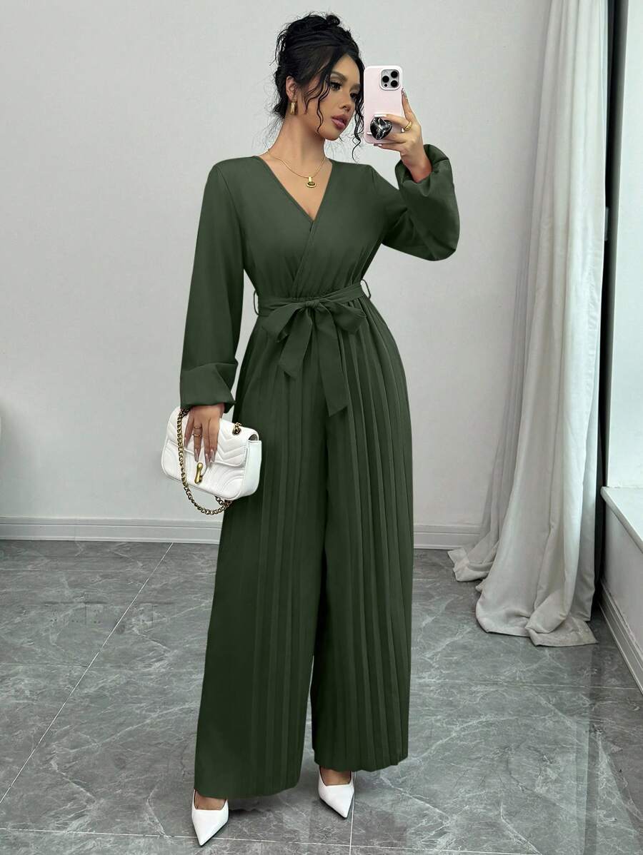 Elenzga Puff Sleeve V-Neck Tie Waist Pleated Wide Leg Jumpsuit, New Spring Collection Fall Cloth For Women - Army Green - View 1