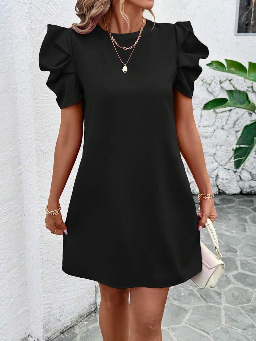 SHEIN Clasi Women Solid Color Round Neck Puff Sleeve Casual Dress,Summer Dresses For Women - Black - View 1