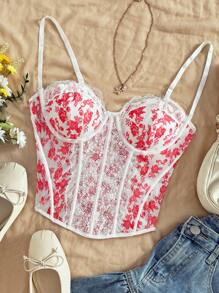 Soleia 女士节日花卉印花蕾丝边可调节肩带修身吊带背心