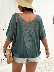 SHEIN LUNE Duża, plisowana, koronkowa, swobodna koszulka z okrągłym dekoltem