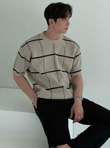 DAZY Beige Plaid Knit Sweater For Men, Summer - Khaki - View 4