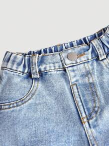 SHEIN 女婴夏季时尚蝴蝶结装饰牛仔布 - 深色水洗藍 - 查看 4