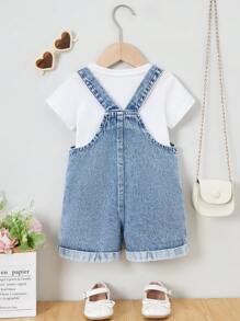 Baby Girls Denim Overalls With Rainbow Star Embroidery, Loose Fit Comfortable Washed Denim Bib Pants - Medium Wash - View 2