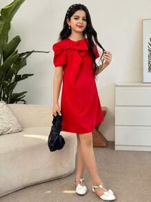 SHEIN Vestido camiseta de alta moda con pliegues y moño de manga corta en color liso para niñas preadolescentes, elegante para usar en el día a día - Rojo - Ver 5