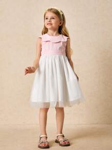 SHEIN Leap Crew Young Girls Elegant Pink Ruffle Collar & Mesh Bow Decor Party Dress, Spring/Summer - Pink - View 6