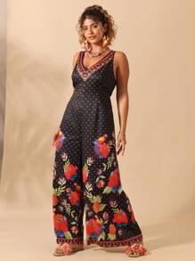 SHEIN Clasi Flowers Birds Plus Size Women Botanical Print V-Neck Sleeveless Wide Leg Jumpsuit - Multicolor - View 5