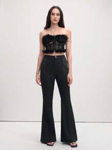 SHEIN LUNE Women Professional Black Business Trousers With Flared Rhinestone Decor