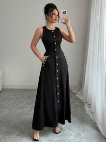 Elenzga Vestido casual de longitud media, de un solo pecho, con bolsillos y sin mangas, de color liso para mujeres