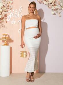 Loomaby Set de maternidad de 2 piezas - Top tubo y falda de unicolor, de moda para el verano, vestido para revelación de sexo, vestido de baby shower, vestido de maternidad - Rosa - Ver 4
