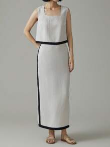 EMERY ROSE 2pcs Women Casual Contrast Color Square Collar Sleeveless Shirt & Mini Skirt Set - Khaki - View 4