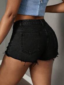 Slaydiva 女式口袋做旧磨边修身休闲百搭牛仔短裤 - 黑色 - 查看 3