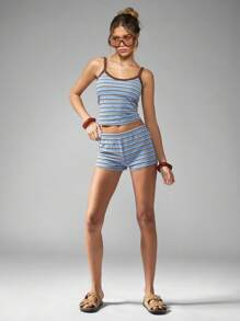 MISSGUIDED Summer Striped Crop Tank Top And High-Rise Shorts Co-Ord Set Athletic Beach Vacation Wear Two Piece Matching Set Loungewear - Multicolor - View 3