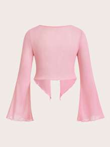 SHEIN ICON ICON 加大码女式系带蝴蝶结黑色针织上衣，适合万圣节、派对、透明衬衫 - 粉色 - 查看 2