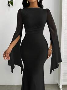 SHEIN Lady Đầm suông dài tay ôm hông phối lưới màu trơn cho nữ, dáng ôm, viền đuôi cá, thanh lịch - màu đen - Xem 6