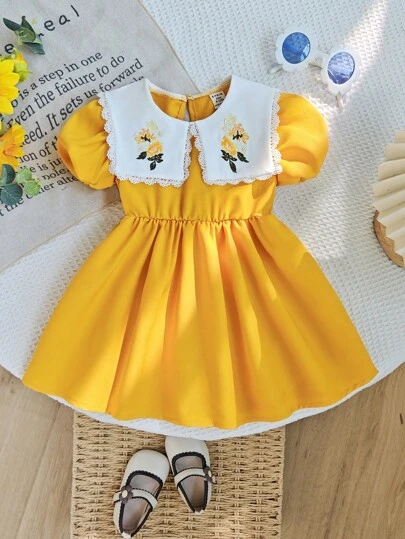 SHEIN 女婴幼儿 0-3 岁优雅花卉刺绣领泡泡袖收腰度假连衣裙