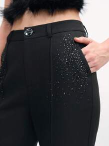 SHEIN LUNE Women Professional Black Business Trousers With Flared Rhinestone Decor