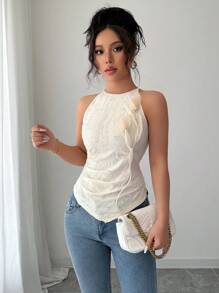 Chiquease Sexy Chiffon 3D Flower Decor Spaghetti Strap Asymmetric Hem Camisole Top