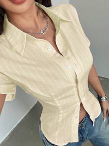 Flirla Figurbetontes, minimalistisches rosa gestreiftes Büro-Lässig-Kurzarm-Oberteil für Damen