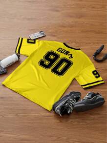 Aesthetic Post--Men's Casual Yellow Polyester V-Neck T-Shirt With Contrast Binding And Number 90 Graphic