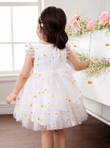 Babygirl Cute & Elegant White Floral Print Mesh Cap Sleeve Summer Mini Dress - White - View 1