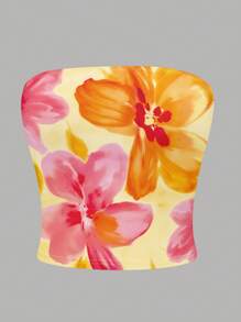INAWLY 休闲简约水彩花卉印花抹胸紧身短款上衣适合夏季 - 彩色 - 查看 3