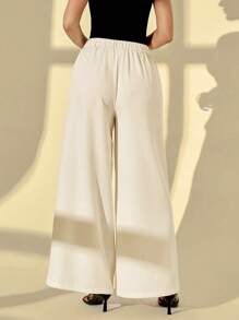 Auralis Plus Size Summer For Women Easter Business Casual Woman Office For Women Work Women Church Women Airport For Women Old Money Style Solid Color Patch Pocket Pleated Wide Leg Loose Casual Pants,White Pants - White - View 2