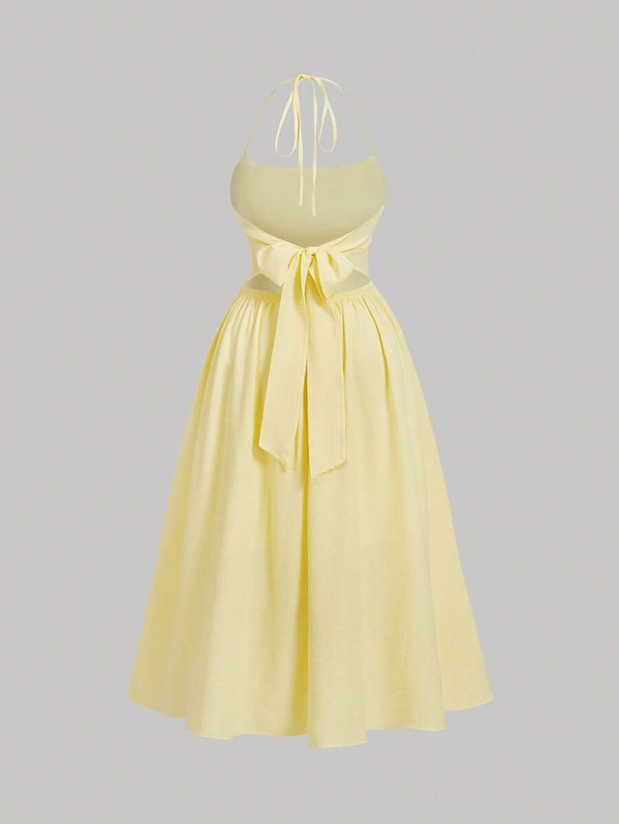 SHEIN MOD Vestido largo con volantes y lazo en la espalda descubierta, talla grande, color amarillo - Amarillo - Ver 1