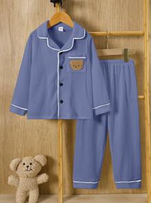 SHEIN Leap Crew Dozemod Kids Boys Casual Cute Bear Patch Pocket Collar Front Opening Long Sleeve Top And Pants Knit Textured Homewear 2pcs Set - Dusty Blue - View 3