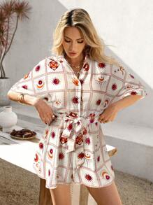 Vivid Eden Women's Sun Print Batwing Sleeve Waist Tie Casual Shirt Romper,Vacation Outfits For Women, - Multicolor - View 4