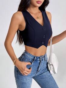 SHEIN PETITE Women's Navy Blue Sleeveless Knitted V-Neck Casual Crop Blazer Vest With Button Front And Asymmetrical Hem In Fall/Winter - Navy Blue - View 3
