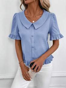 SHEIN Clasi Blusa casual de unicolor con botones al frente y mangas cortas para mujer, para uso diario, salir, verano - Neblina azul - Ver 3