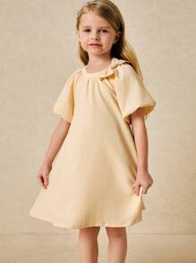 SHEIN Young Girls Elegant Apricot Dress With Oversized Bow And Puff Sleeves, Spring/Summer