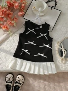 Baby Mädchen süßes, niedliches ärmelloses Oberteil mit Rundhalsausschnitt, Patchwork, plissiertem Saum, Schleifendekor, einfaches Urlaubskleid im Prinzessinnenstil, Sommer