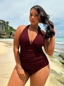 Swim Lushoire 1 pieza Traje de baño de una pieza con cuello halter de unicolor y talla grande, minimalista y de moda, apropiado para el verano
