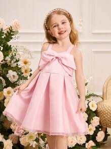 SHEIN Glamorique Kids Vestido de dama de honor con flores para niñas, vestido de niña de las flores, elegante, con moño, vestido de verano para niñas, adecuado para ocasiones formales, eventos, actuaciones en el escenario y recitales de piano - Rosa - Ver 6