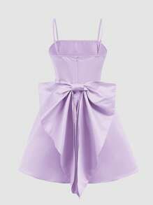 SHEIN 少女无袖纯色缎面编织后背蝴蝶结装饰休闲直筒连衣裙 - 淡紫色 - 查看 4