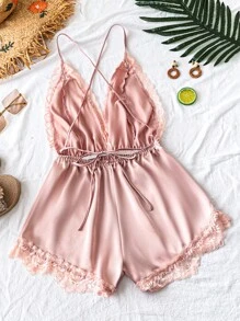 SilkySpell Combinaison-short pour femme, couleur unie avec contrastes en dentelle
