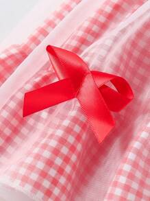 Baby Girl Gingham Print Sleeveless Dress With Tiered Tulle Skirt & 3D Red Bow Accent, Summer - Red - View 6