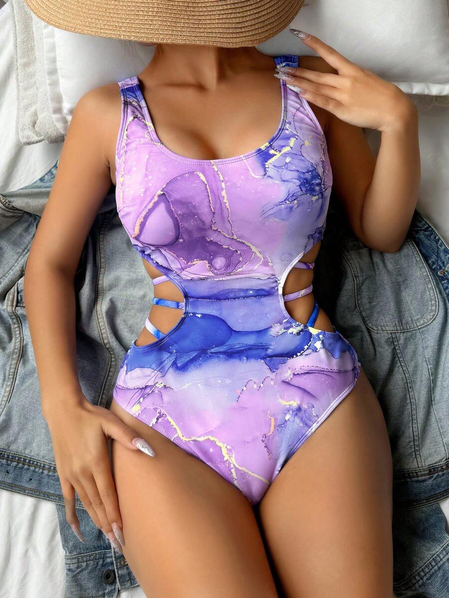 SHEIN Swim Ladies Fashion Tie-Dye Hollow Out Halter Backless One-Piece Swimsuit, Suitable For Summer Holiday