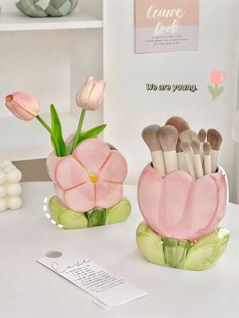 1 pieza Tulipán Soporte de cerámica para bolígrafos, Organizador de brochas de maquillaje, Decoración de escritorio de cerámica, Caja de almacenamiento para escritorio de oficina, Barril de almacenamiento de papelería, Organizador de cosméticos, Decoración de salón de belleza