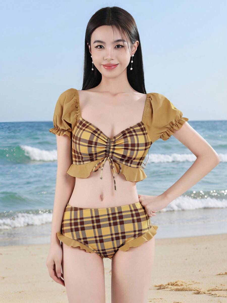 DAZY Women Summer Beach Plaid Pattern Puff Sleeve Drawstring Ruffle Bow & Solid Trim Swimsuit Set,Tankini Bathing Suit - Multicolor - View 1