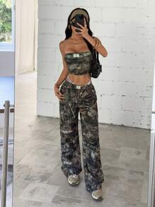 StreetHx 2pcs Women Vintage Leaf Print Bandeau Top And Casual Long Pants Set, Autumn - Black - View 4