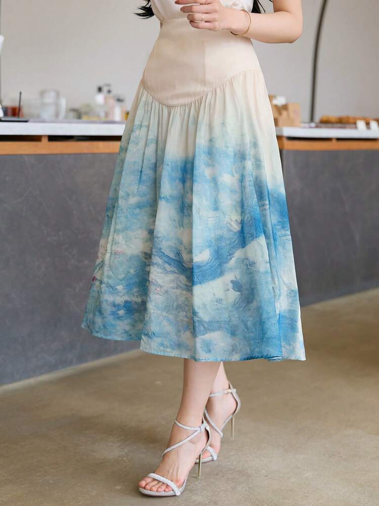 Women's Tie-Dye Print Pleated A-Line Skirt Fall Skirts