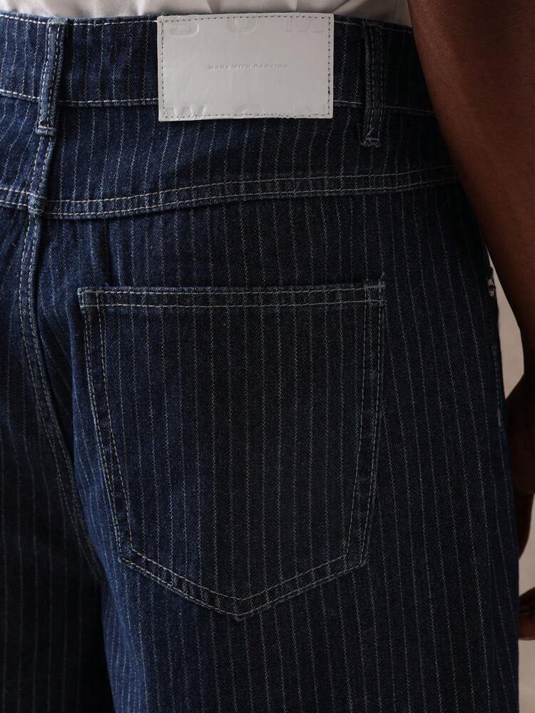 Embroidered Script Logo Pinstripe Loose Fit Denim Shorts