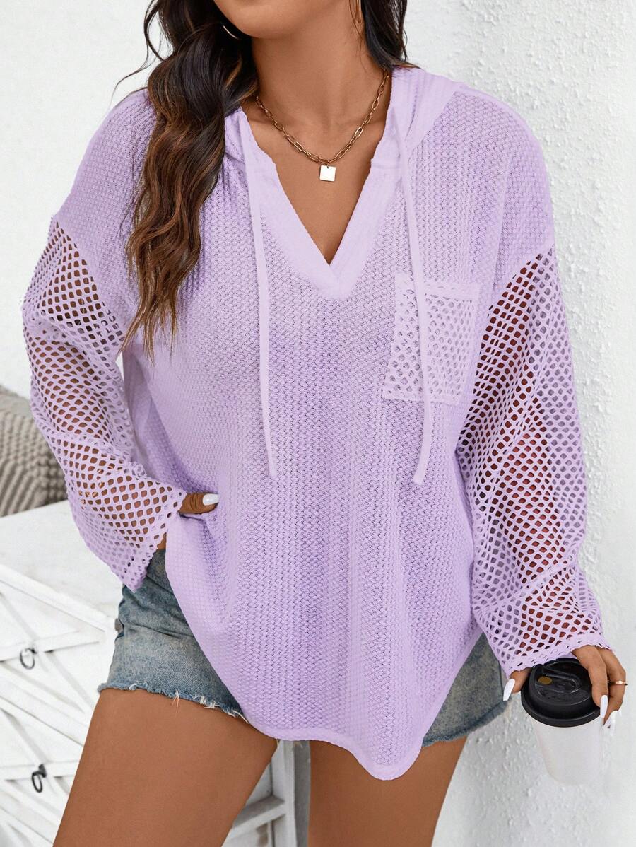 SHEIN Essnce Áo hoodie rút dây màu trơn cỡ lớn thường ngày - Màu tím hoa cà - Xem 1