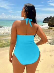 Swim Lushoire Plus Size Women Solid Color Ruched Deep V-Neck Sexy Backless One-Piece Swimsuit For Summer Beach Vacation - Mint Blue - View 2