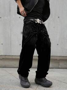 Manfinity EMRG Men's Frayed Hem Loose Relaxed Fit Versatile Wide Leg Jeans - Black - View 5