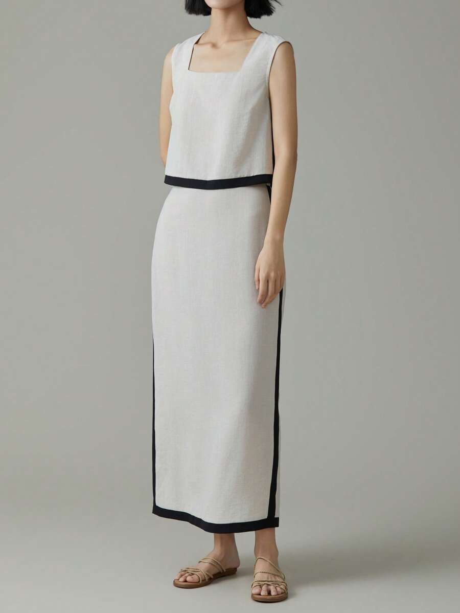 EMERY ROSE 2pcs Women Casual Contrast Color Square Collar Sleeveless Shirt & Mini Skirt Set - Khaki - View 1