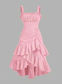 SHEIN Tween Girl Chest Pleated Multi-Layered Asymmetrical Ruffled Suspender Waist Elegant Dress, Fairy Dress, Spring Outing - Baby Pink - View 2